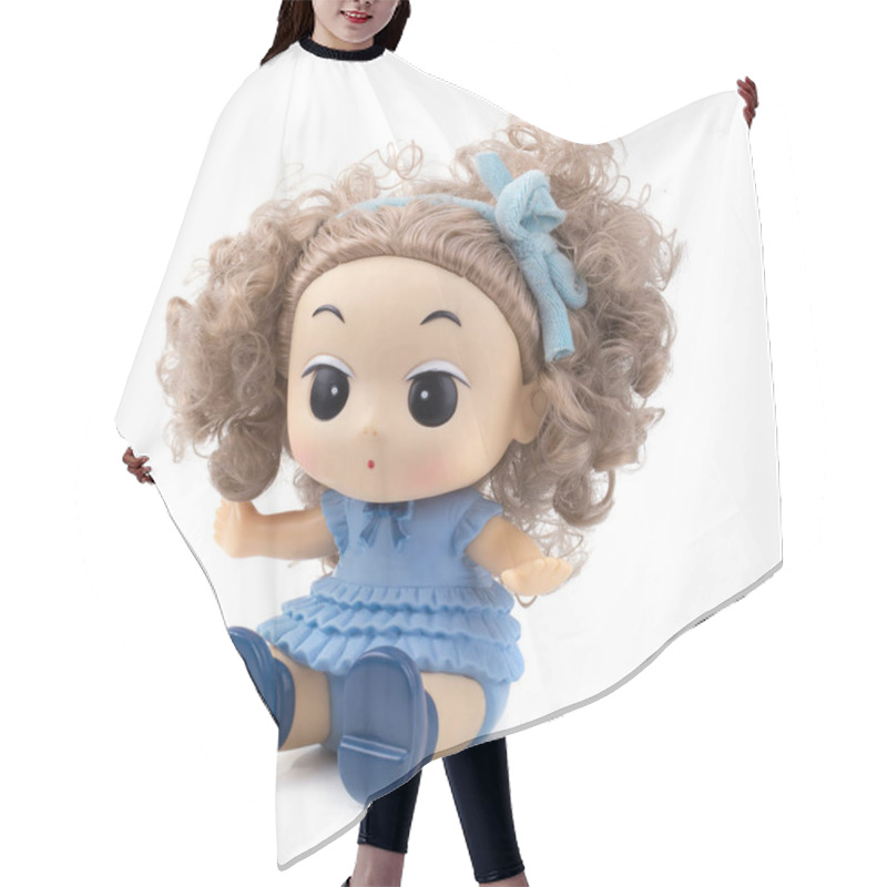 Personality  Girl Baby Doll Wearing Blue Isolated On White Background. Hair Cutting Cape