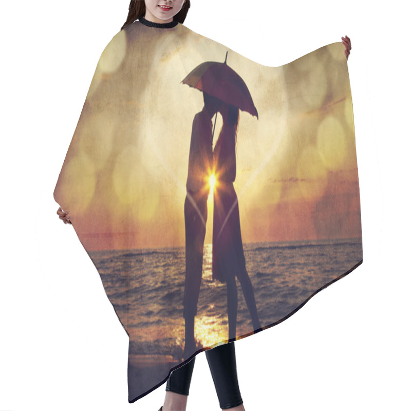 Personality  Couple Kissing Under Umbrella At The Beach In Sunset. Photo In O Hair Cutting Cape