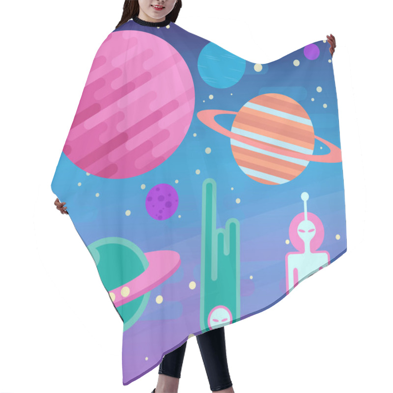 Personality  Set Of Flat Cosmos And Ufo Elements With Planet And Alien Hair Cutting Cape