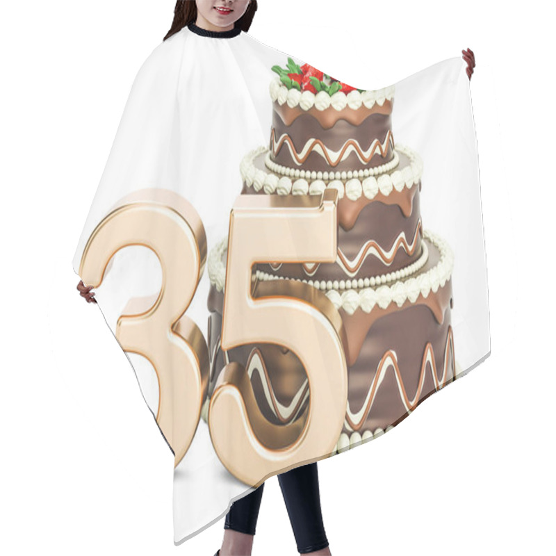 Personality  Chocolate Birthday Cake With Golden Number 35, 3D Rendering Hair Cutting Cape