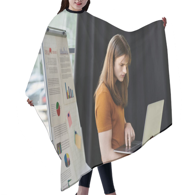 Personality  The Individual Focuses Intently On Their Laptop While Surrounded By Visual Data Displays. Hair Cutting Cape