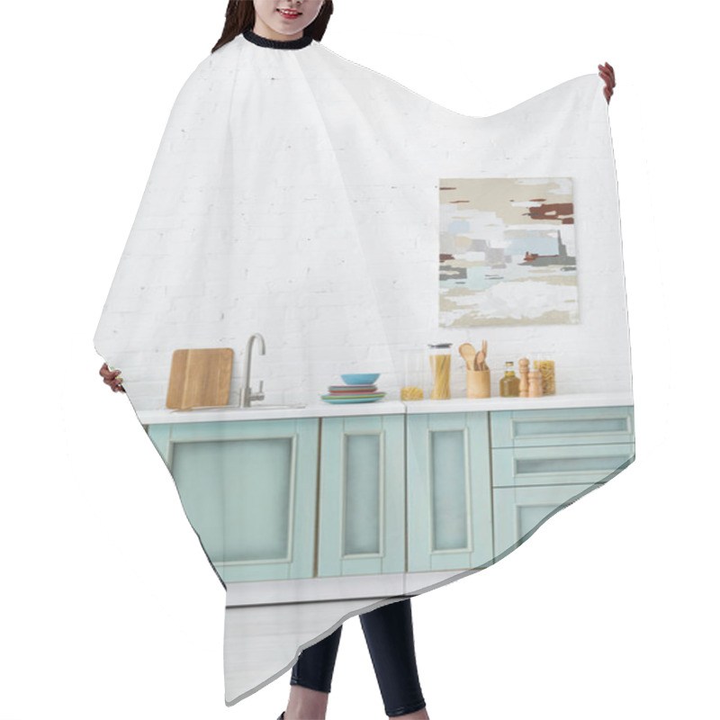 Personality  White And Turquoise Kitchen Interior With Kitchenware And Abstract Painting On Brick Wall Hair Cutting Cape