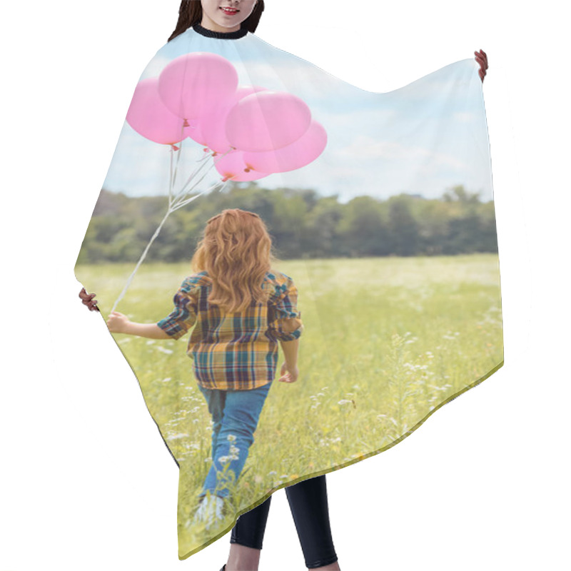 Personality  Back View Of Child With Pink Balloons Walking In Summer Field Hair Cutting Cape