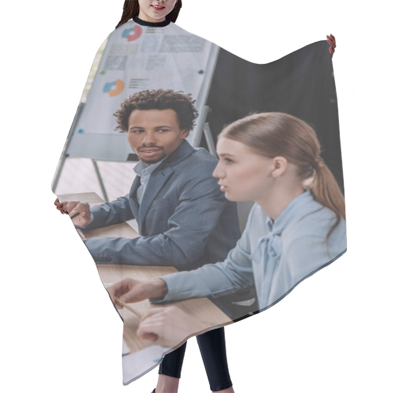 Personality  African American Businessman Looking At Attractive Colleagues During Business Meeting Hair Cutting Cape