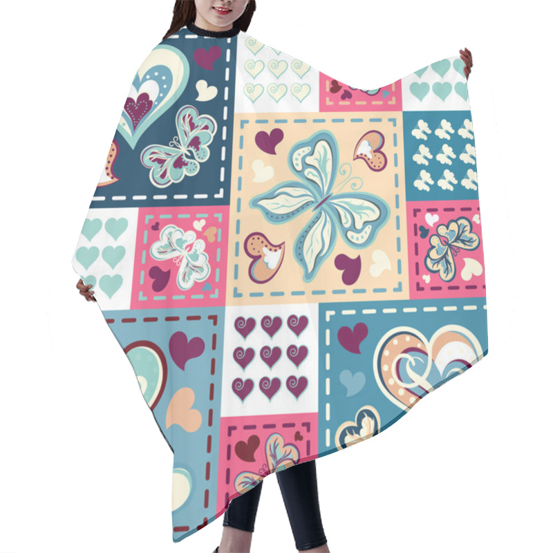 Personality  Seamless Background With Butterflies Hearts In Patchwork Style. Vector Illustration Hair Cutting Cape