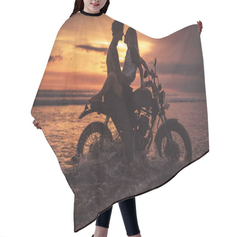 Personality  Passionate Couple Hugging On Motorbike At Beach During Sunset Hair Cutting Cape