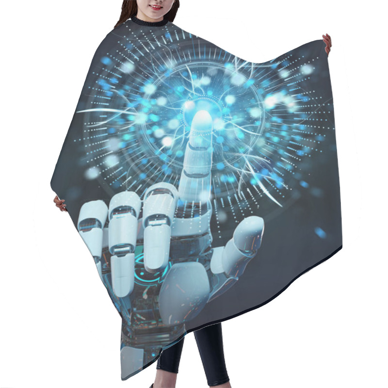 Personality  White Cyborg Hand On Blurred Background Using Digital Eye Surveillance Hologram 3D Rendering Hair Cutting Cape