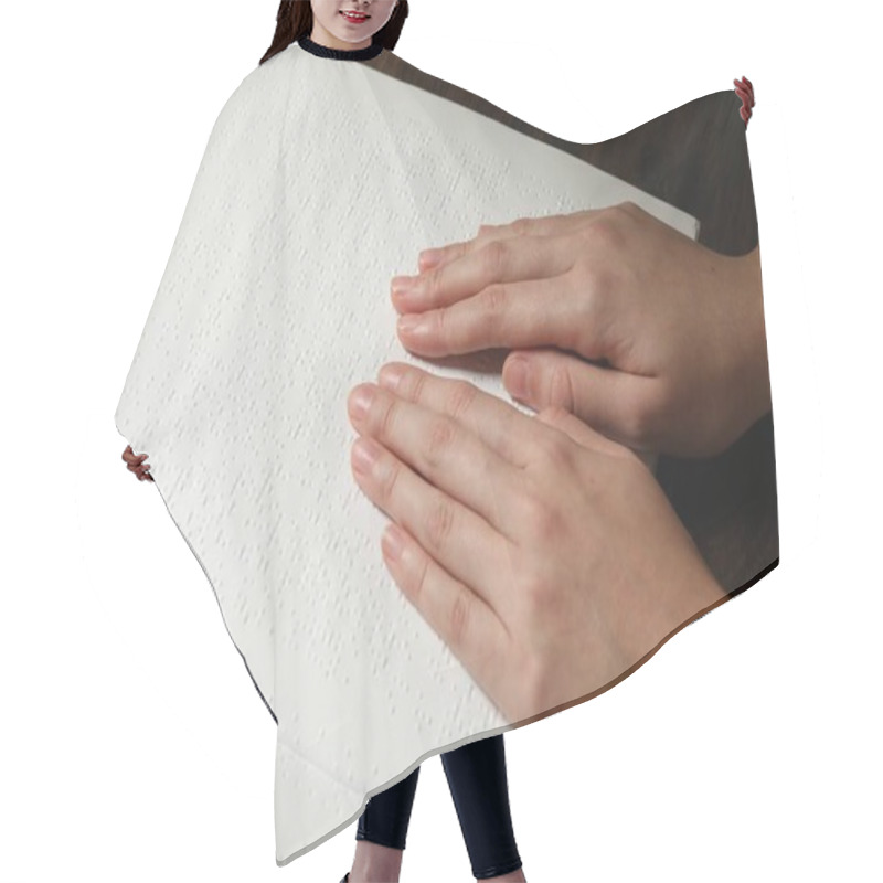 Personality  Blind Woman Reading Book Written In Braille At Wooden Table, Closeup Hair Cutting Cape