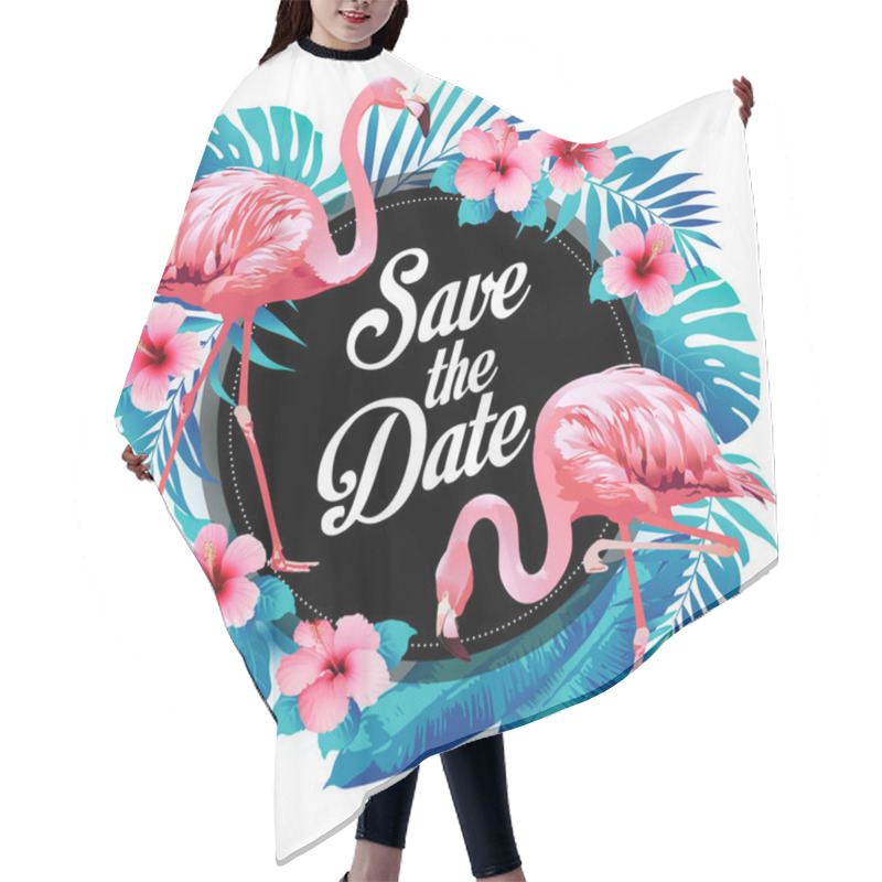 Personality  Blue Summer Tropical Palm Leaves With Exotic Flamingo And Hibiscus Flowers. Vector Floral Background. Hair Cutting Cape