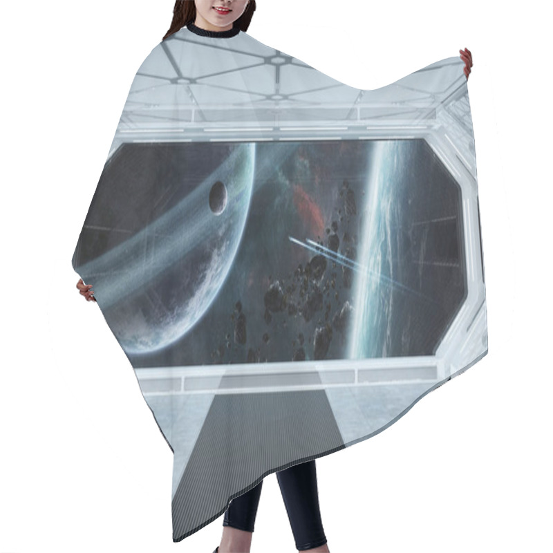 Personality  White Blue Spaceship Futuristic Interior With Window View On Spa Hair Cutting Cape