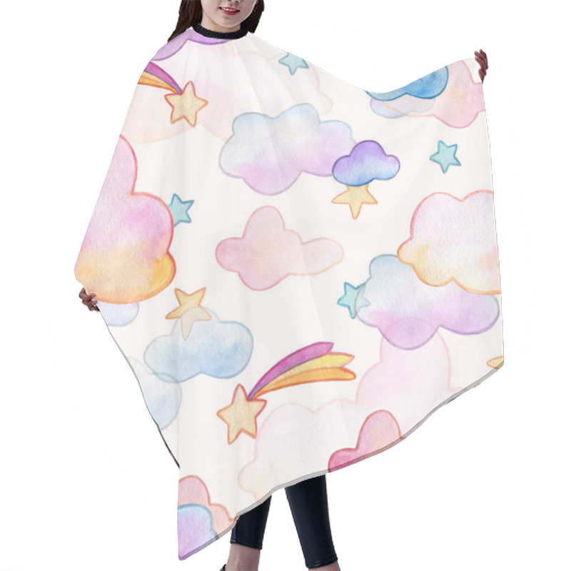 Personality  Watercolor Pastel Seamless Pattern For Kids With Sky, Rainbow Clouds And Shooting Stars Hair Cutting Cape