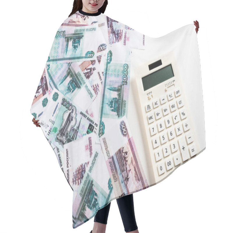 Personality  Top View Of Modern Calculator With Buttons Near Russian Money On White   Hair Cutting Cape