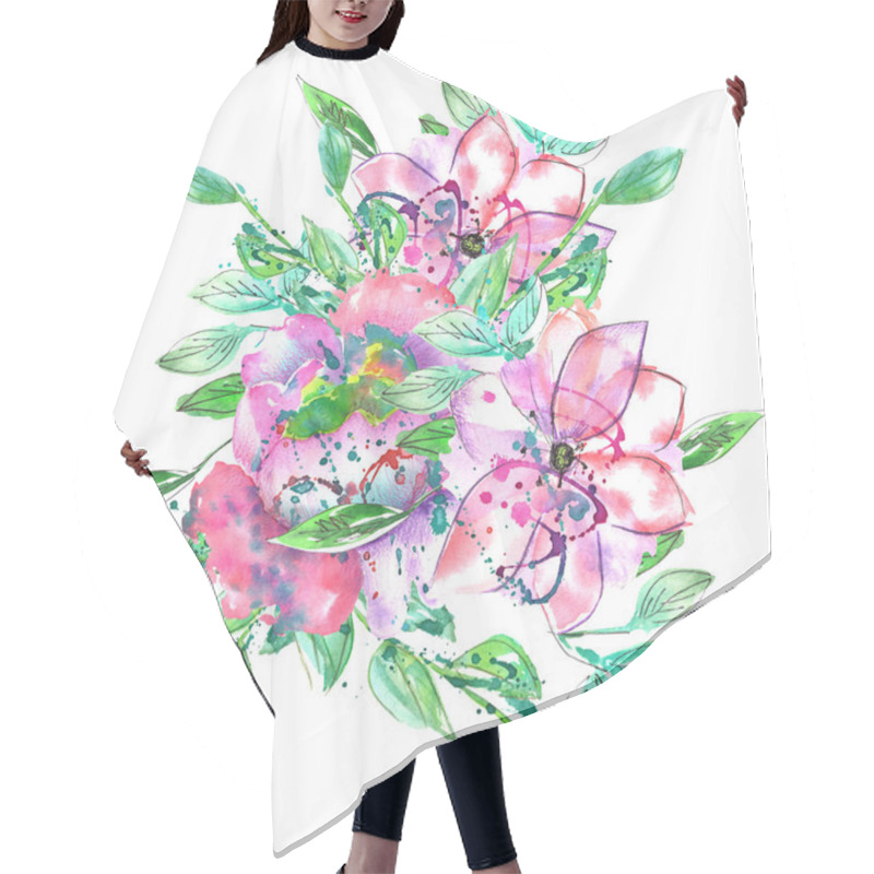 Personality  Watercolor Bouquet With Pink And Purple Flowers And Green And Blue Branches And Leaves Hair Cutting Cape