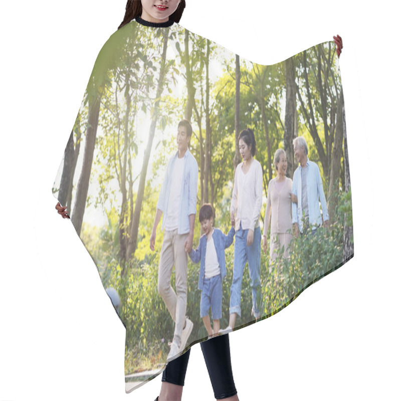 Personality  Happy Asian Family Walking In Park Hair Cutting Cape