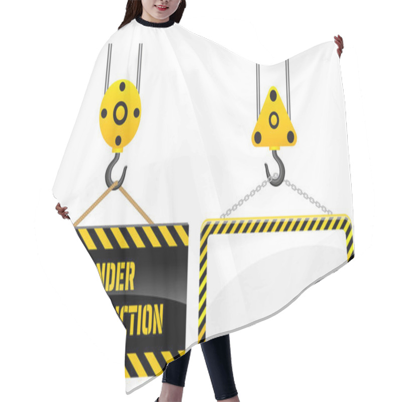 Personality  Set Of Realistic Under Construction Caution Or Crane Hook Yellow Board Hanging Or Caution Banner Under Construction Crane. Eps Vector Hair Cutting Cape