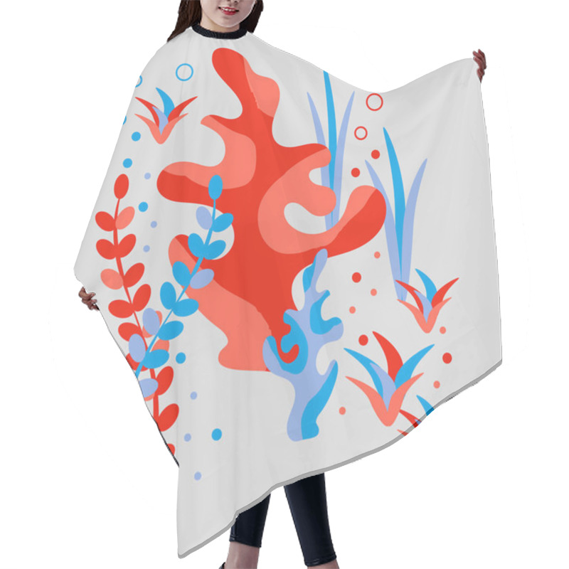 Personality  Underwater World, Corals, Algae And Bubbles. Flat Style, Hand Drawn, Scandinavian Style, Fashionable Color Palette. For Textile, Wrapping, Background Design. Hair Cutting Cape