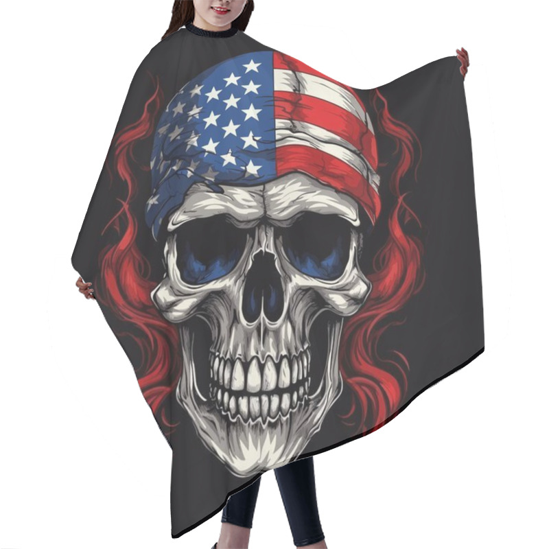 Personality  Vector Drawing For A T-shirt. Skull With An American Flag Tied In A Bandana On The Head On A Black Background. Fashionable Print For Fabric, Paper, Men Clothing. Hair Cutting Cape