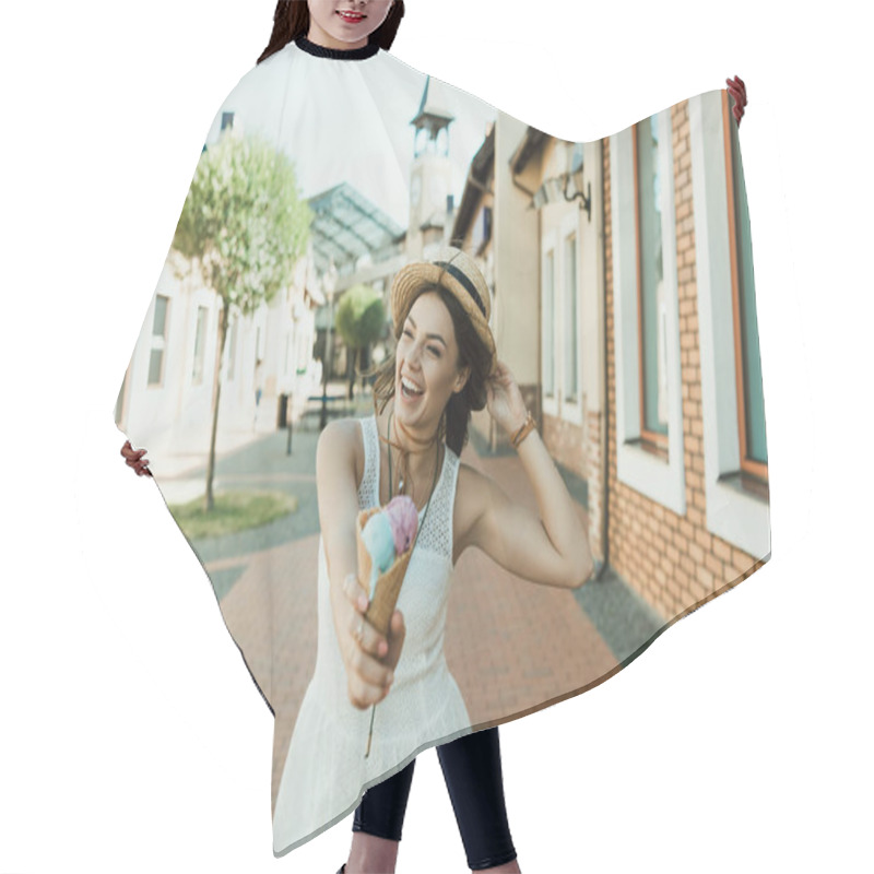 Personality  Young Woman Eating Ice Cream  Hair Cutting Cape