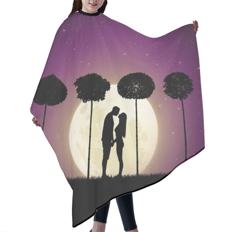 Personality  Lovers Between Trees On Moonlit Night. Vector Illustration With Silhouette Of Loving Couple In Park. Landscape With Maples. Full Moon In Starry Sky Hair Cutting Cape