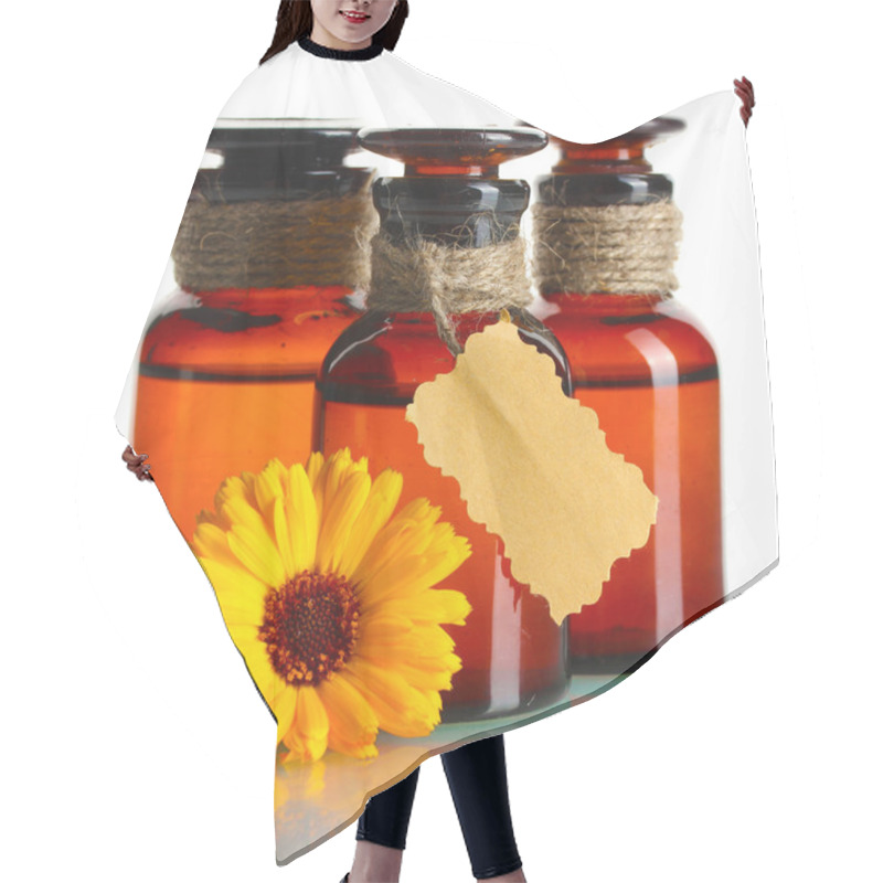 Personality  Medicine Bottles And Beautiful Calendula Flower, Isolated On White Hair Cutting Cape