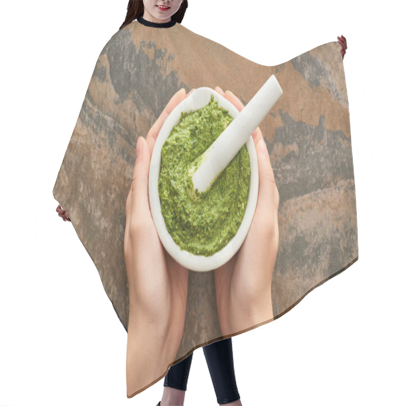 Personality  Cropped View Of Woman Holding Bowl With Pesto Sauce On Stone Surface Hair Cutting Cape