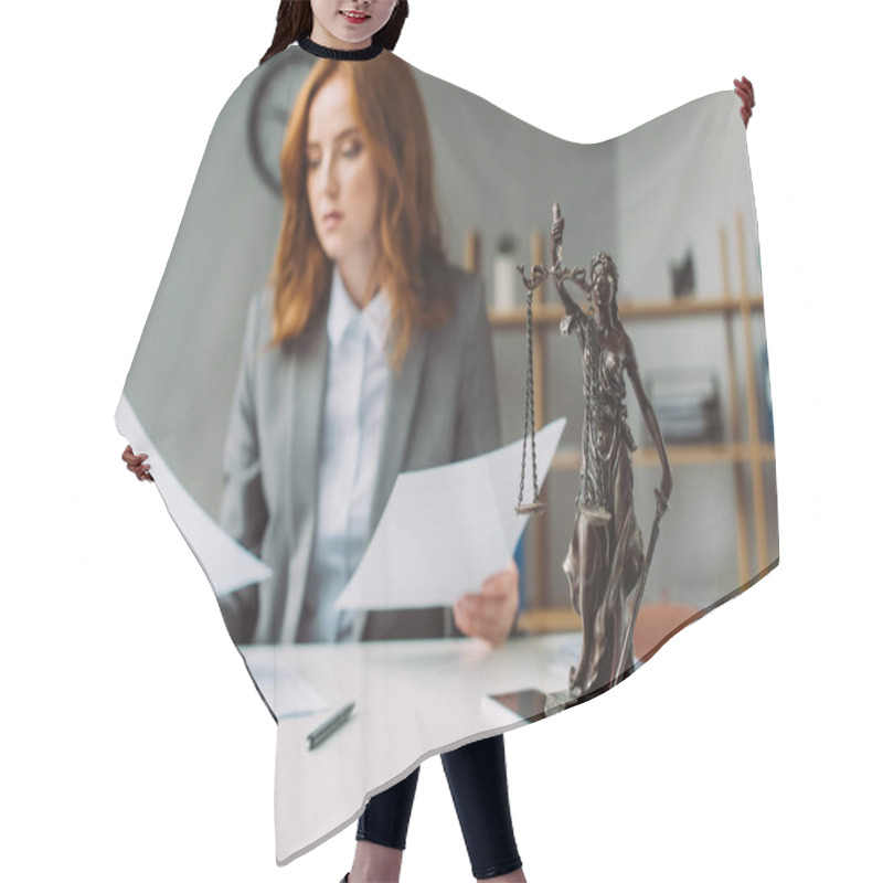 Personality  Themis Figurine On Table With Blurred Lawyer With Paper Sheets On Background Hair Cutting Cape