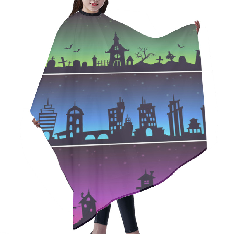 Personality  Seamless Night Backgrounds Set. Vector Scary Landscapes. Hair Cutting Cape