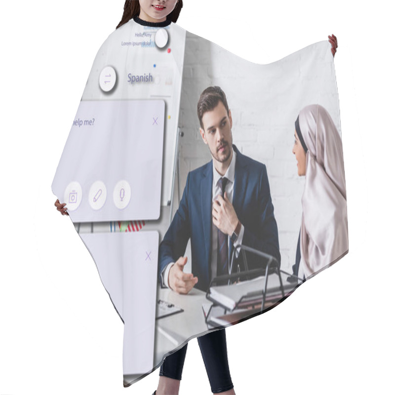 Personality  Arabian Businesswoman Near Business Partner In Office, Illustration Of Translation Application Interface Hair Cutting Cape