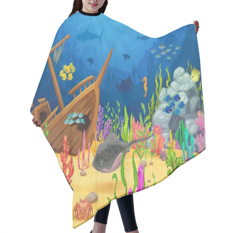 Personality  Sea Underwater Game Landscape With Sunken Ship And Stingray. Cartoon Ocean Under Water Animals And Fish On Marine Bottom Vector Background With Sharks, Corals, Crab And Seaweed, Starfish And Seahorse Hair Cutting Cape