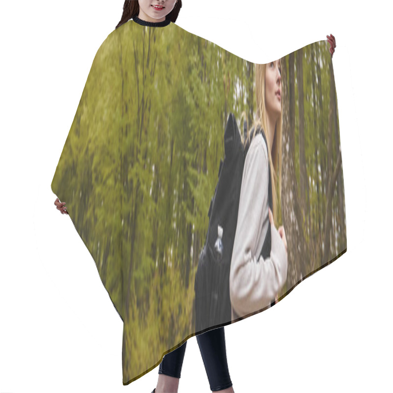 Personality  Side View Of Woman Tourist With Backpack At Footpath In Woodland Hiking At Autumn Forest, Banner Hair Cutting Cape