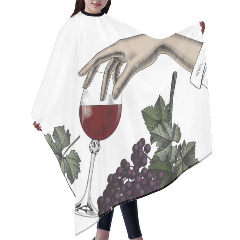 Personality  Female Hand Holding A Glass With Red Wine, Bunch Of Grapes Isolated On White. Vintage Engraving Color Stylized Drawing. Vector Illustration Hair Cutting Cape