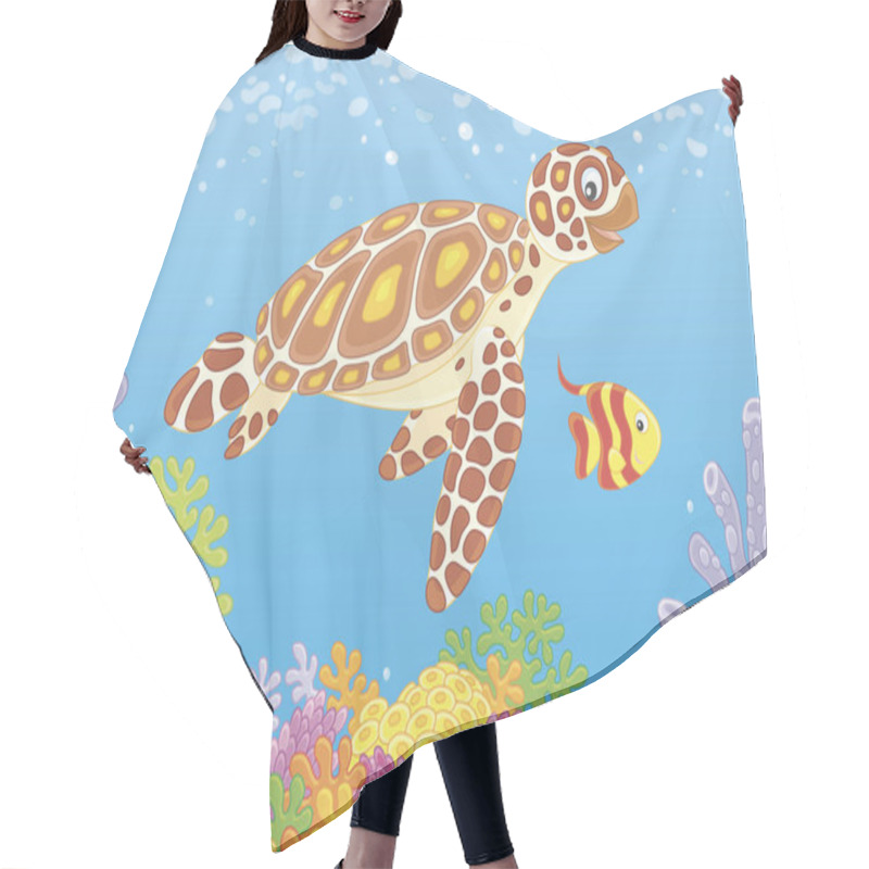 Personality  Funny Sea Loggerhead Turtle And A Small Striped Butterfly Fish Swimming Over Colorful Corals On A Reef In A Tropical Sea, Vector Illustration In A Cartoon Style Hair Cutting Cape