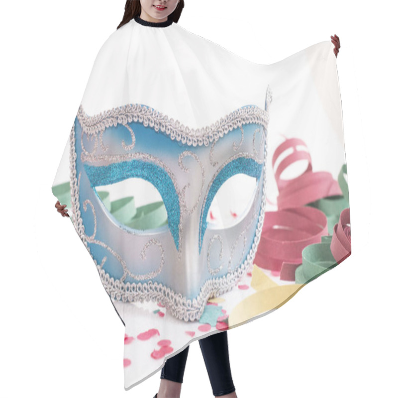 Personality  Blue Venetian Mask With Confetti Isolated On A White Background. Hair Cutting Cape