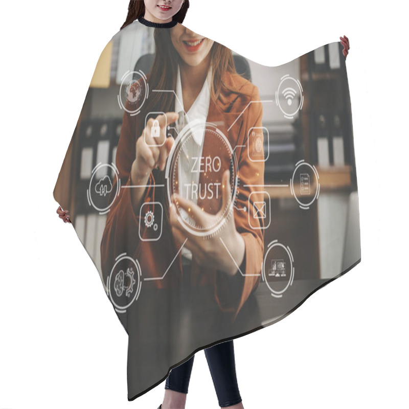 Personality  Zero Trust Security Concept Person Using Computer And Tablet With Zero Trust Icon On Virtual Screen Of Data Businesses.in Office Hair Cutting Cape