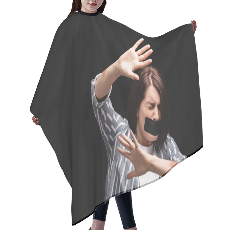 Personality  Scared Woman With Bruises And Adhesive Tape Showing Stop Gesture Isolated On Black  Hair Cutting Cape