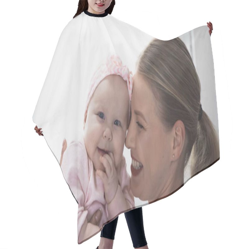 Personality  Pleased Mother Holding In Arms Infant Girl In Headband With Bow Hair Cutting Cape