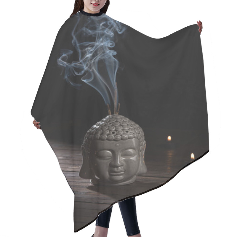 Personality  Sculpture Of Buddha Head With Burning Incense Sticks And Candles On Table Hair Cutting Cape