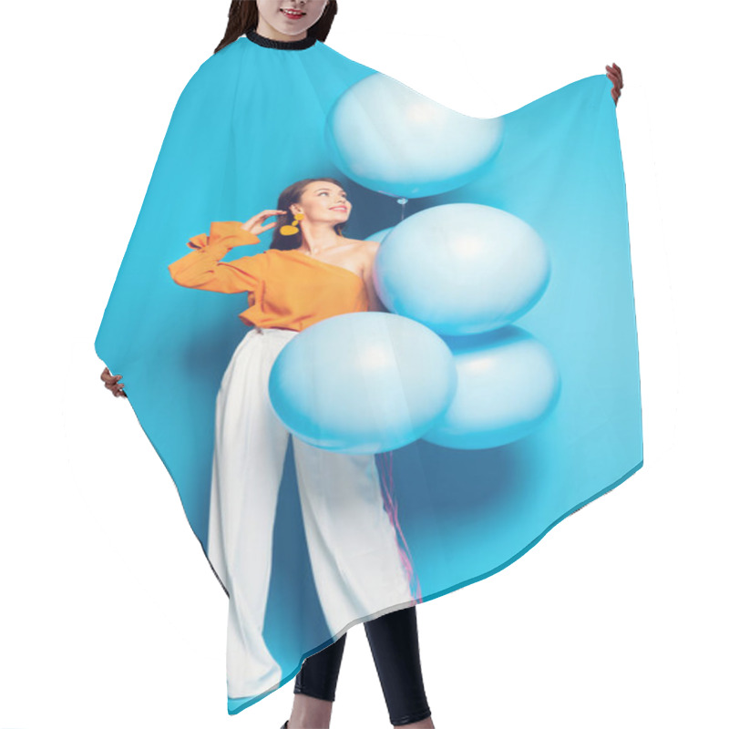 Personality  Full Length View Of Happy Fashionable Woman With Big Festive Balloons On Blue Background Hair Cutting Cape