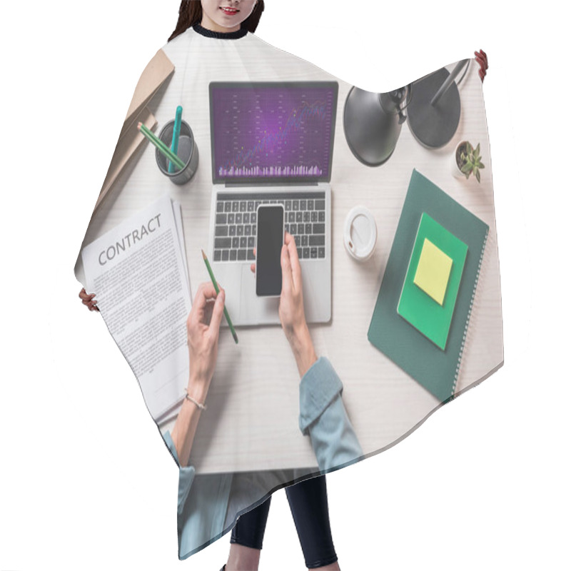 Personality  Cropped Image Of Businessman With Smartphone At Table With Contract, Stationery And Laptop With Graph On Screen Hair Cutting Cape