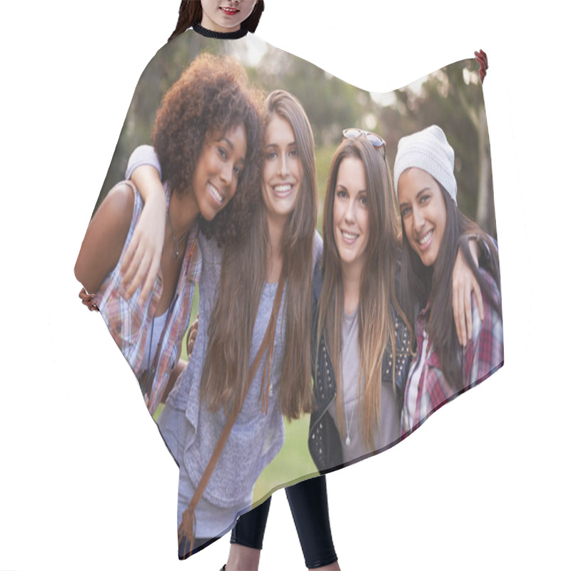 Personality  Best Friends Hanging Out In The Park. Cropped Shot Of A Group Of Young Women Enjoying The Outdoors Together. Hair Cutting Cape