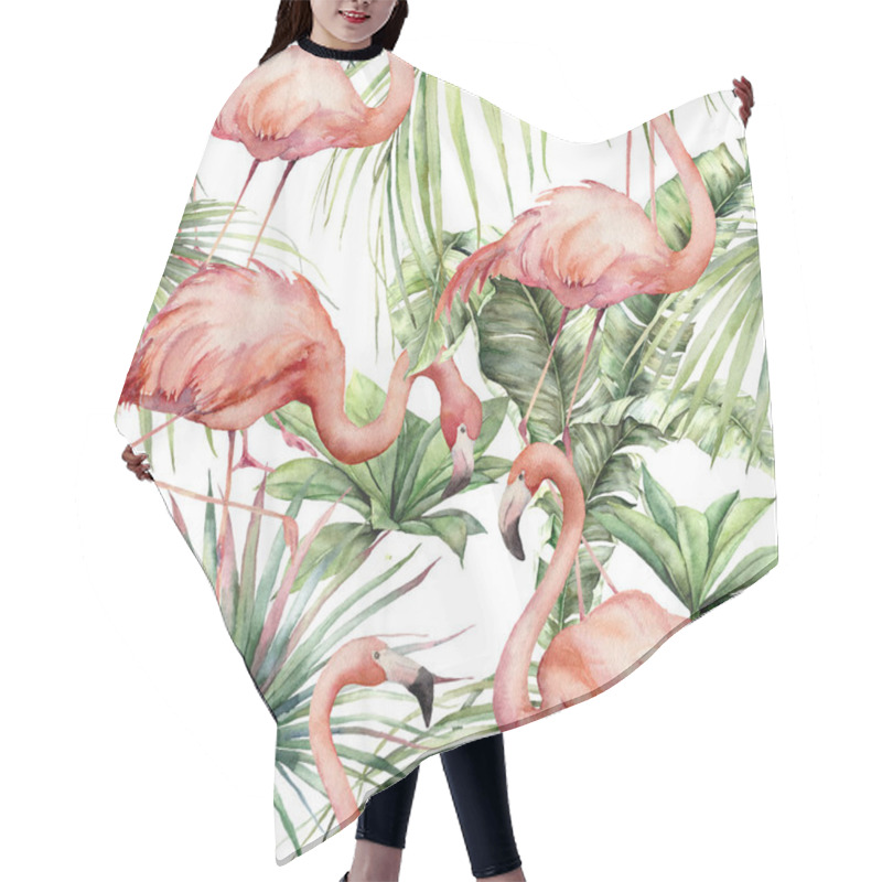 Personality  Watercolor Seamless Pattern With Pink Flamingos And Tropical Leaves. Hand Painted Birds And Jungle Greenery. Floral Illustration Isolated On White Background For Design, Print, Fabric Or Background. Hair Cutting Cape