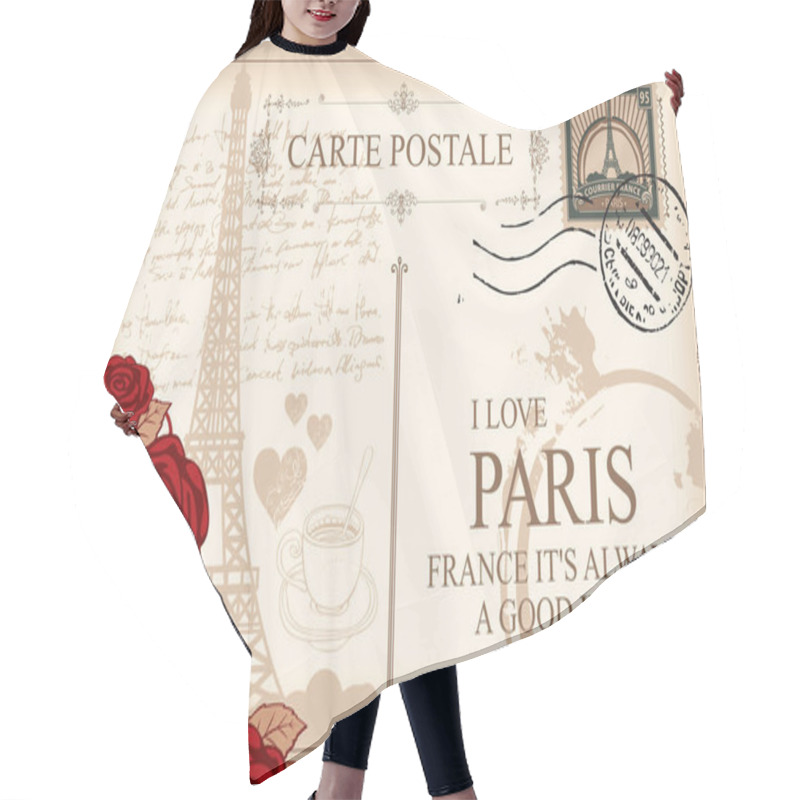 Personality  Retro Postcard With Eiffel Tower In Paris, France. Romantic Vector Postcard In Vintage Style With Red Roses, Postmark And Words I Love Paris On The Background Of Old Manuscript With Spots Hair Cutting Cape