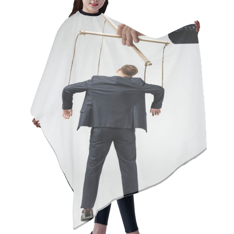 Personality  Cropped View Of Puppeteer Holding Businessman Marionette On Strings Isolated On Grey Hair Cutting Cape