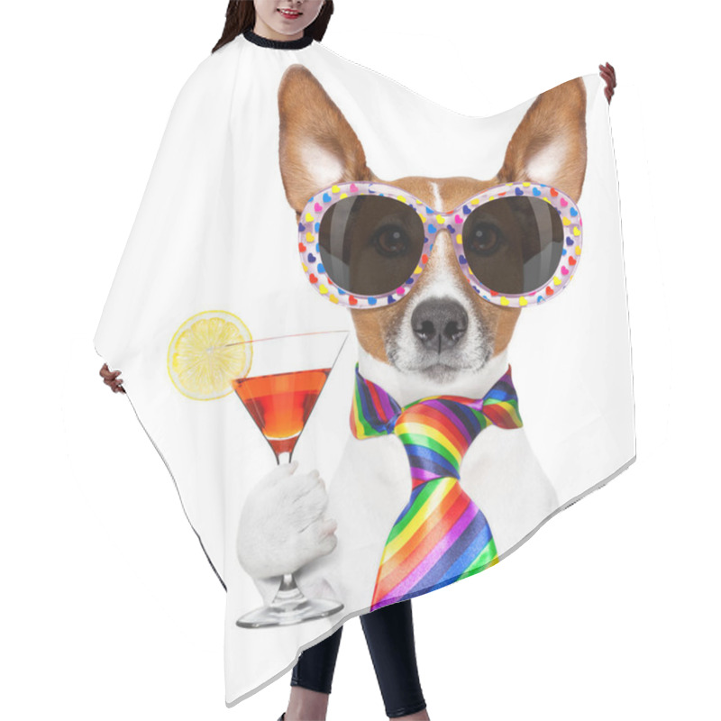 Personality  Funny Gay Homosexual  Jack Russell  Dog Proud Of Human Rights ,sitting And Waiting, With Rainbow Flag Tie  And Sunglasses , Cheers With Cocktail A Toast Hair Cutting Cape