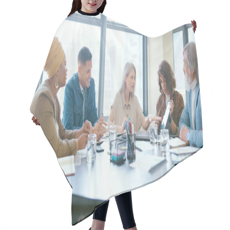 Personality  Business People, Tablet And Teamwork For Planning, Strategy And Ideas By Desk In Modern Office For Goal. Corporate Group, Digital Tech And Finance Team For Brainstorming, Vision Or Target In New York. Hair Cutting Cape