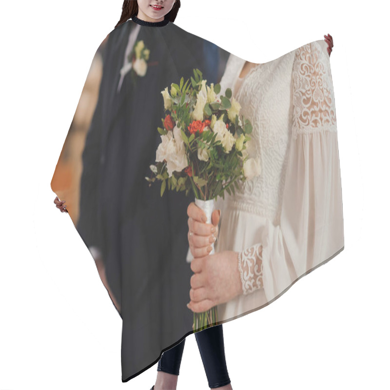 Personality  Elegant Bride Holding A Floral Bouquet During An Intimate Wedding Ceremony. Hair Cutting Cape