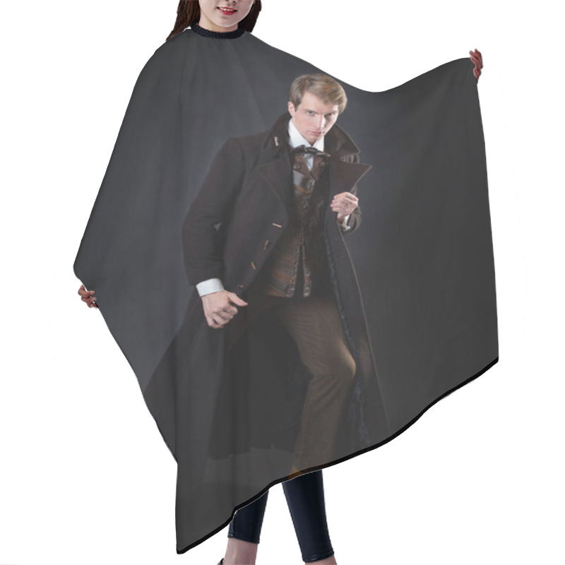 Personality  Character Of The Steampunk Story, A Young Attractive Man In An Elegant Long Coat Hair Cutting Cape