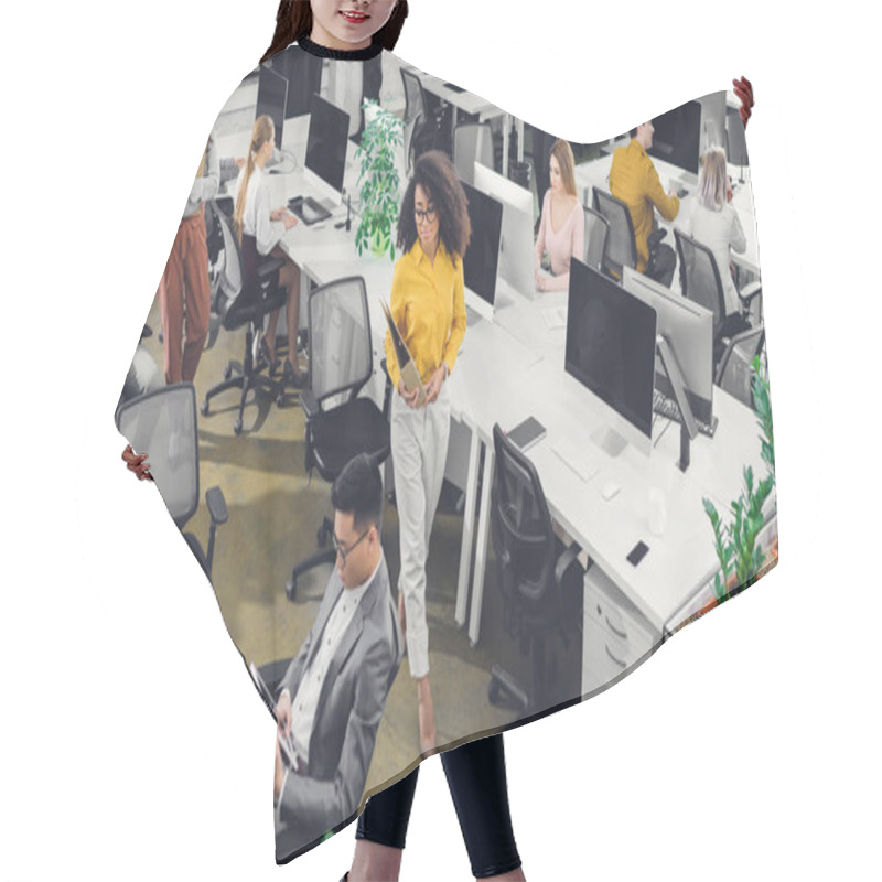 Personality  High Angle View Of Professional Young Businesspeople Working With Computers And Papers In Office   Hair Cutting Cape