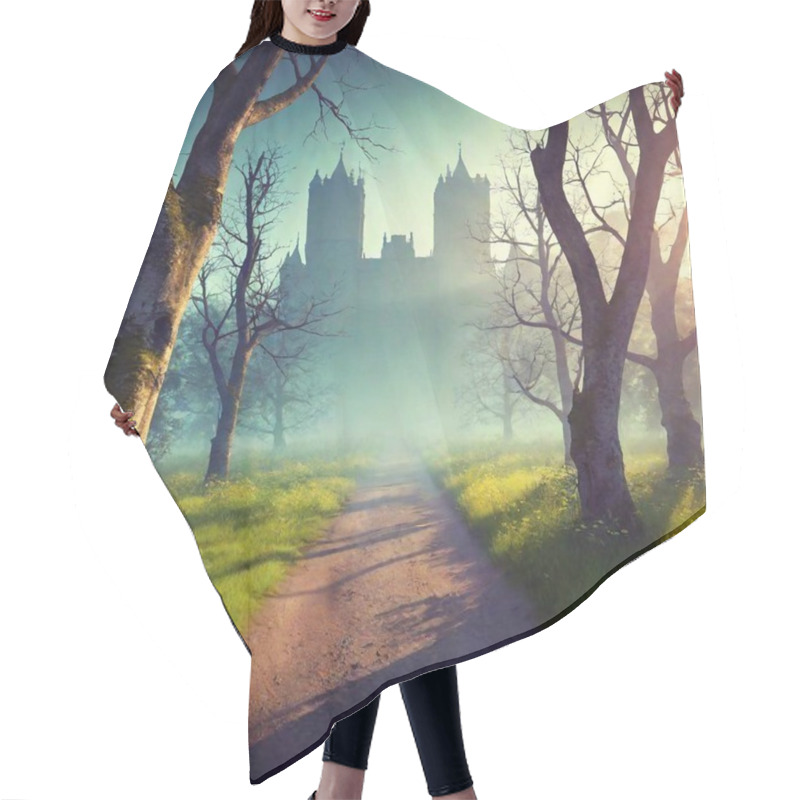 Personality  A High-resolution Digital Artwork Of A Mystical Forest Pathway Leading To An Ancient, Fog-shrouded Castle. The Path, Composed Of Earthy Dirt And Strewn With Faint Traces Of Footprints, Winds Through Lush Greenery And Wildflowers. The Gnarled Hair Cutting Cape