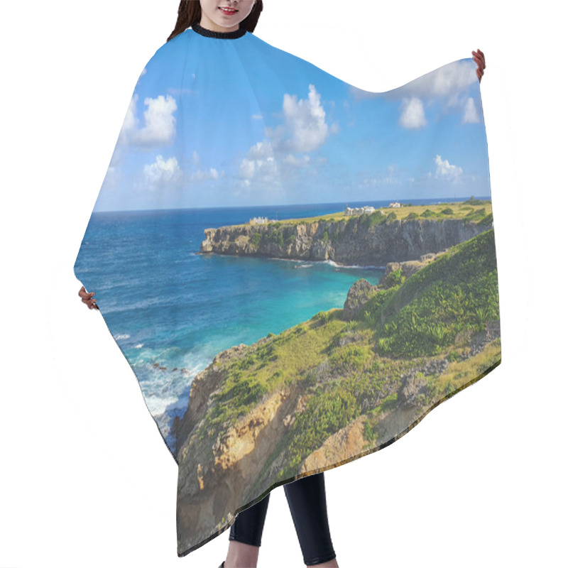 Personality  AERIAL: Flying Over The Lush Green Cliffs On The Coast Of Barbados On Sunny Day. Hair Cutting Cape